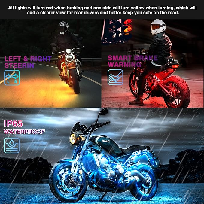 8Pcs Motorcycle RGB LED Strip Lights Kit for Harley Davidson Kawasaki Suzuki Yamaha Golf Cart, 12V Waterproof Multicolor Motorcycle Underglow Neon Light Strip with APP/Remote Control & Brake Signal
