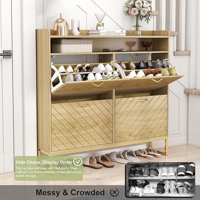 Hadulcet Hidden Shoe Cabinet with 4 Flip Drawers, Long Wood Shoe Storage Cabinet for Entryway Closet, Narrow Freestanding Shoe Rack Organizer w/Adjustable Shelves, Metal Legs, Cupboard, Natural Wood
