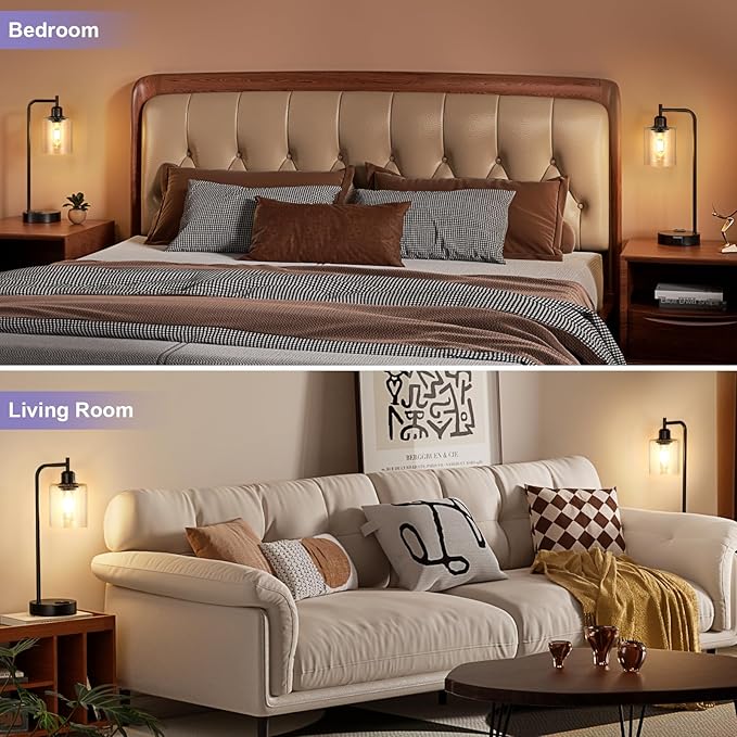Industrial Touch Table Lamps for Bedrooms Set of 2 - 3-Way Dimmable Lamps with USB C+A Ports and Outlet, Black Bedside Lamps with Seeded Clear Glass Shade for Living Room, Desk Lamps for Home Office