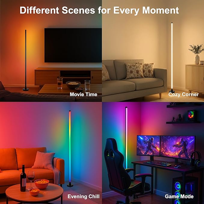 RGBICW LED Corner Floor Lamp 58'' with Music Sync, Remote Control, Color-Changing Ambient Lighting for Living Rooms, Gaming, Home Office (Round Base)