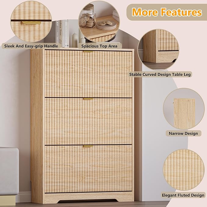 Entryway Shoe Cabinet with 3 Flip Drawers, Narrow Shoe Organizer Cabinet with Fluted Panel and Adjustable Shelves for Foyer, Hallway