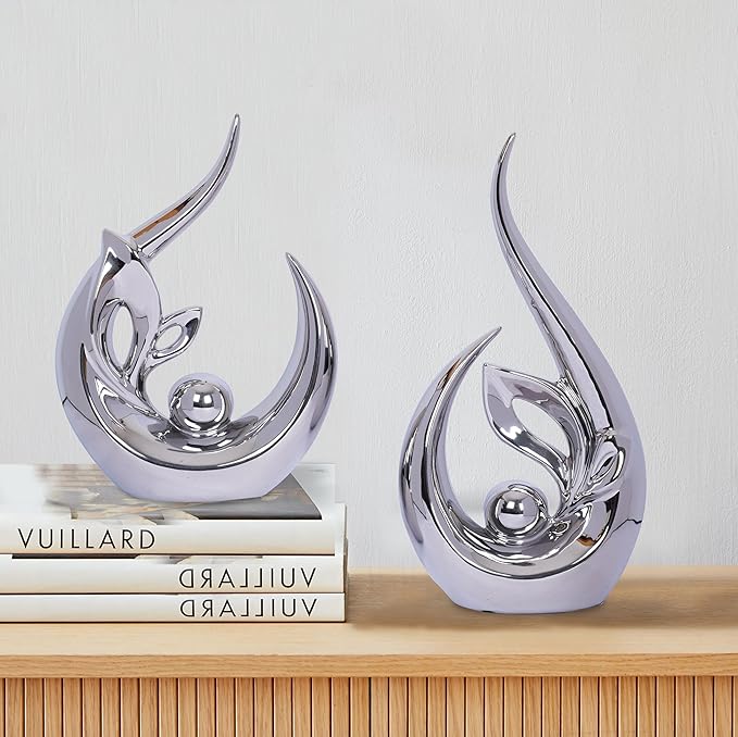 2 PCS Silver Decor Accent Ceramic Statue Abstract Sculptures Centerpieces Mid Century Modern Decor for Tables Coffee Table top Decorations for Living Room Desktop Shelf Dining Room Kitchen