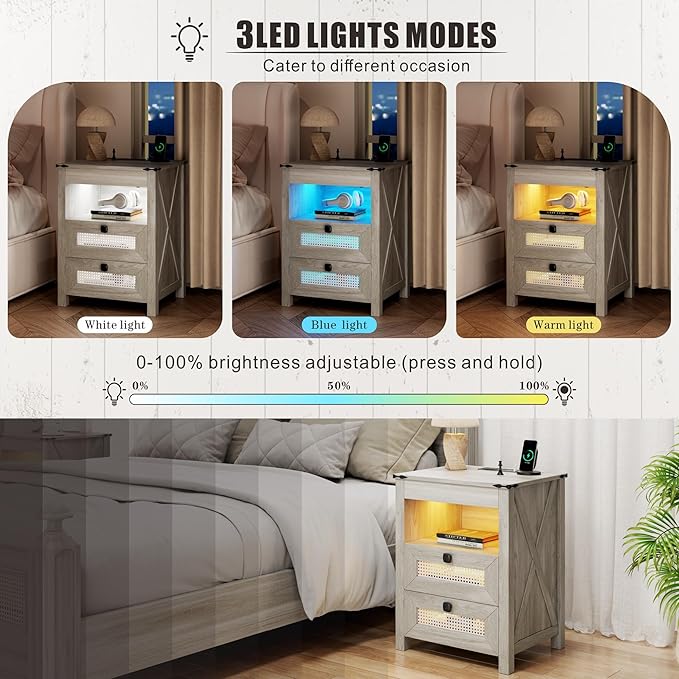 Grey Night Stand Set 2 with Gun Drawer, Bedside Table with Charging Station, LED Nightstand with Human Sensor Light, Farmhouse End Table for Bedroom Living Room
