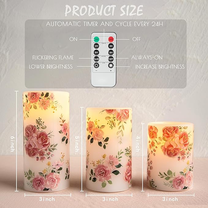 Flameless Candles with Remote, Battery Operated Candles Real Wax Pink Rose Flickering LED Candles Floral Christmas Decor Electric Pillar Candles Set of 3