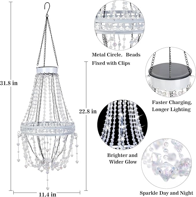 Hanging Solar Lantern Outdoor Chandelier, Waterproof Modern Crystal Acrylic Pendant Light with Cool White LED S Hook Gifts for Women Garden Decor Light for Gazebo, Patio, Yard, Party, Wedding