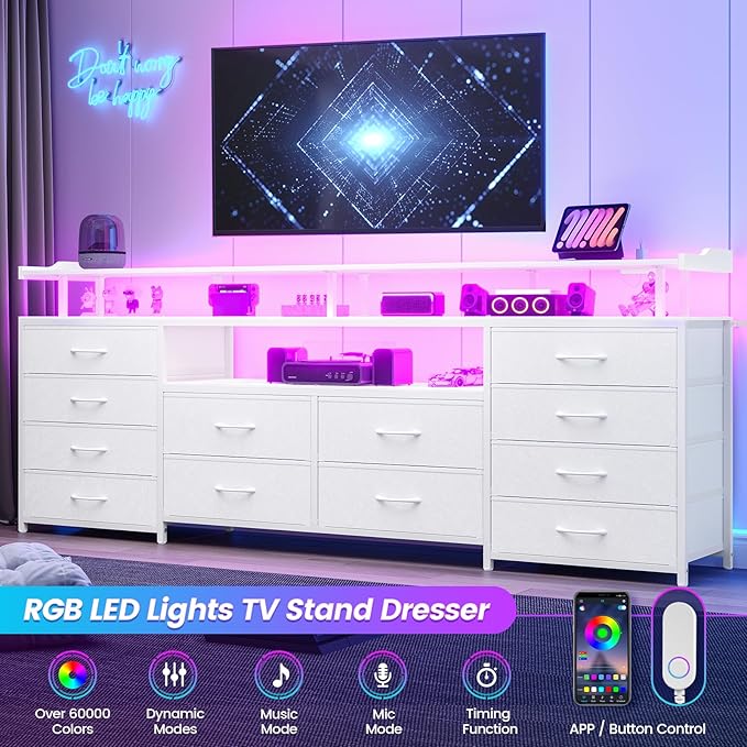 BTHFST 12 Drawers TV Stand Dresser for 65/70 inch TV, Entertainment Center with LED Lights & Power Outlets, 63" Large LED TV Stand, TV Console for Bedroom
