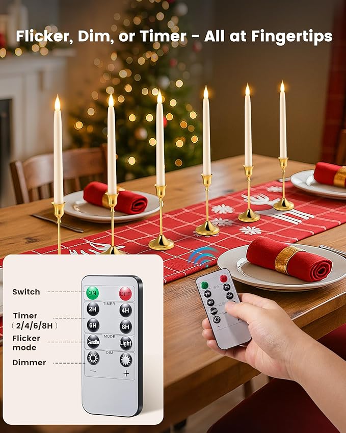 SURAIELEC 10.5'' Flameless Ivory Taper Candles, Battery Operated Candle with Remote, Timer, 3000K Warm White, LED Candle for Party, Christmas Decoration, 6 Pack (Rechargeable Battery Not Compatible)