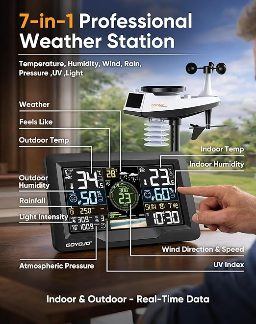 WiFi Weather Station with 7-in-1 Outdoor Sensor, Large Full-Color LCD, Indoor Outdoor Temperature & Humidity, Wind Speed/Direction, Rainfall, UV Index, Barometric Pressure, 433MHz, 300ft Range, App