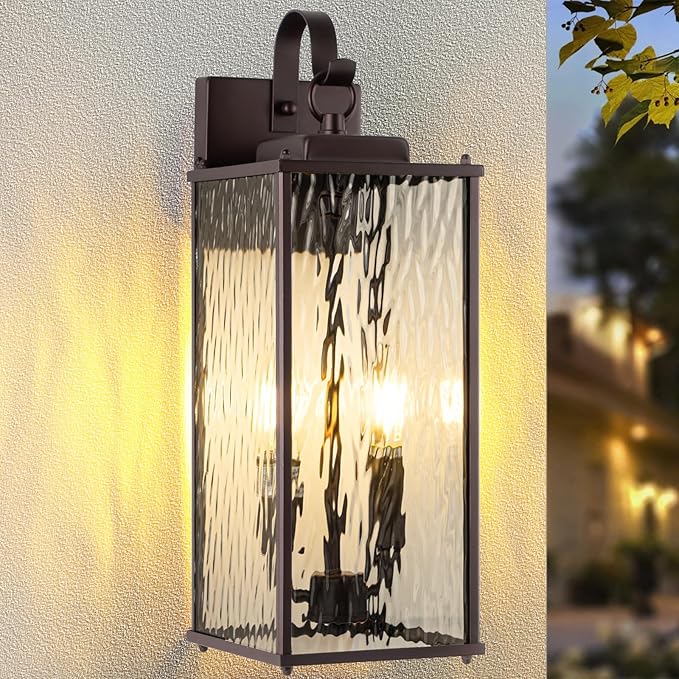 18” Large Oil Rubbed Bronze Outdoor Lighting 1 Pack, 2-Light Bulb Water Ripple Glass Exterior Light Fixture Brown Wall Sconce Outside Light for House IP65 Waterproof Front Porch Lantern, E12