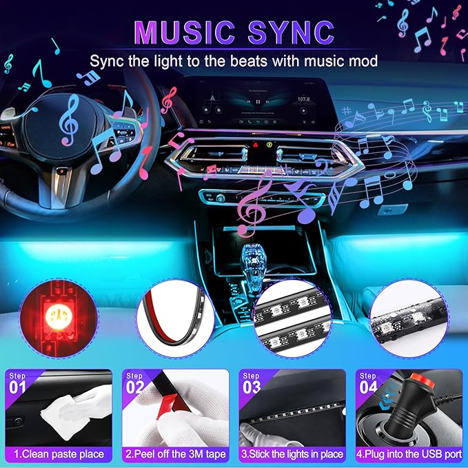 LivTee Interior Car LED Lights, Smart RGB Ambient Lighting with App & Remote Control, Music Sync & DIY Modes, 4-Line Design LED Strip Lights, 12V Cigarette Lighter Powered, Car Accessories for Women