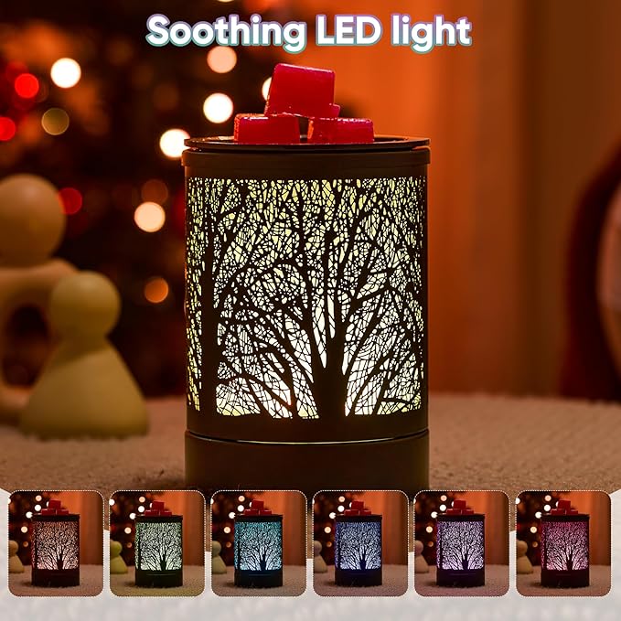 Fragrance Wax Melts Warmer with 7 Colors LED Changing Light Classic Black Forest Design Scent Oil Candle Warmer for Home Black Tree Timer
