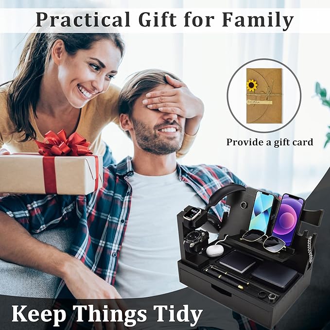 Nightstand Organizer for Men with Large Drawer, Wood Phone Docking Station for Phone, Apple Watch, Wallet & Keys, Ideal Birthday Gift for Father Husband, Bedside Desk Organizer (Black)