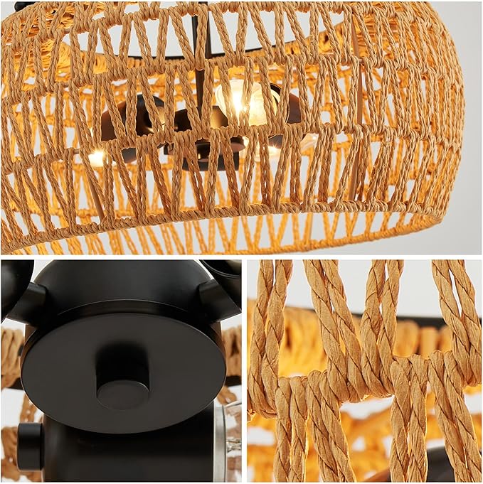 WUZUPS Rattan Boho Chandelier Rustic Farmhouse Industrial Round Coastal Hanging Pendant Light Fixture Wicker Lampshade for Dining Room Kitchen Island Foyer Entryway, H 19.6" x W 15.9", Black