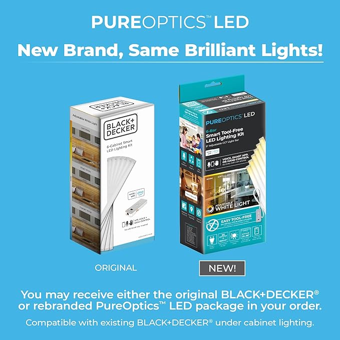 PureOptics LED Works with Alexa Smart Under Cabinet Lighting Kit, Adjustable LEDs, (6) 9" Bars, White