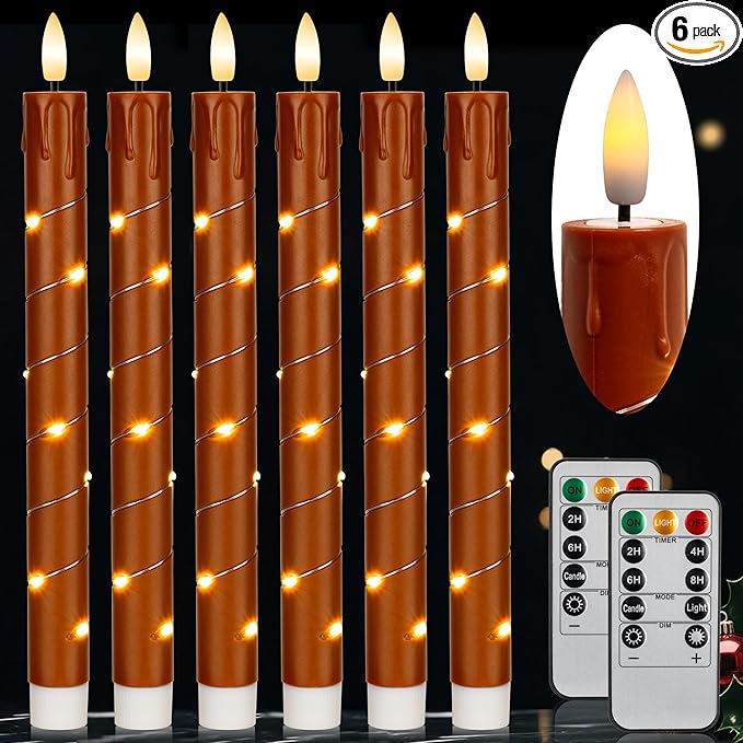 Flameless Taper Candles with Remote for Romantic Decorations，3D Flickering Flame Battery Operated LED Candles Arounded with Starlight String for Home Decoration, Pack of 6, Reddish Brown