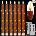 Flameless Taper Candles with Remote for Romantic Decorations，3D Flickering Flame Battery Operated LED Candles Arounded with Starlight String for Home Decoration, Pack of 6, Reddish Brown