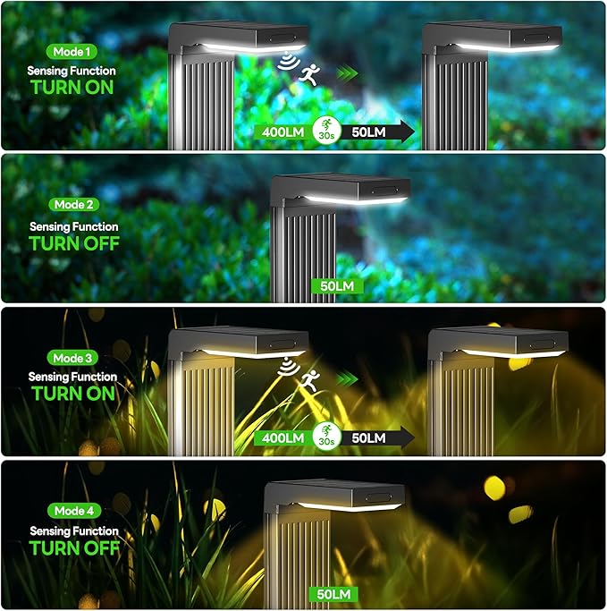 Solar Pathway Lights Outdoor 4Pack, 2 Color in 1 Motion Sensor Walkway Lights 400LM with Warm/Cool White, 12H Lasting, IP65 Waterproof Solar Powered Landscape Lighting for Garden, Yard