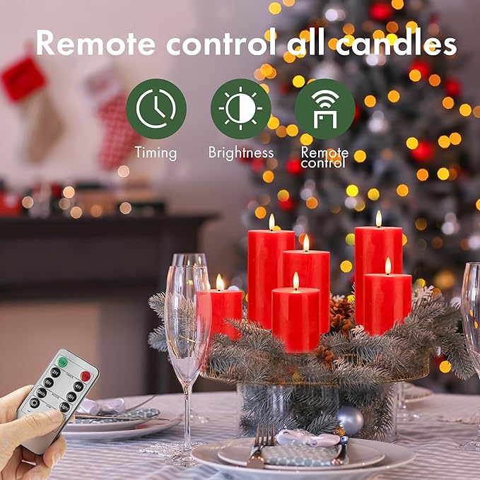 Red Flameless Pillar Candles, Battery Operated Wax Candles with Remote, Flat Top Flickering Christmas LED Candle Decorations for Xmas, Home, Party Decor, Set of 4