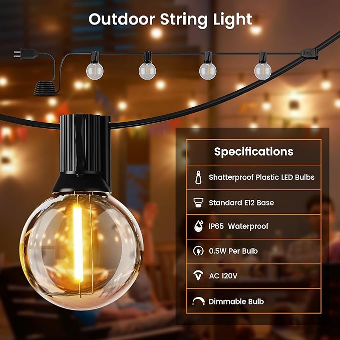 OHLUX Outdoor String Lights, 27FT LED Patio Lights with 17 Dimmable Plastic G40 Globe Bulbs(2 Spares), 2200K Waterproof Connectable Hanging Lights for Backyard Porch Cafe Party Decor E12 Socket Base