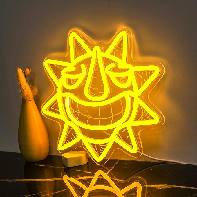Sun Neon Sign, Yellow Burning Passion Laughing Sun Led Sign for Wall Decor with Remote Dimmer, Retro Vintage Psychedelic Mystic Sun Neon Light for Christmas Bedroom Party Gift - 10''