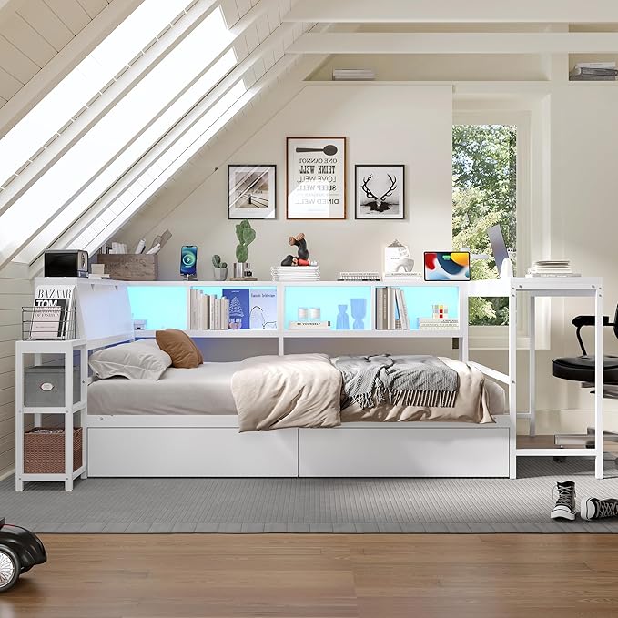Twin Corner Bed Frame with Desk, LED Lights & Charging Ports, L-Shaped Daybed with Storage Drawers, Bookcase & Open Shelves, Modern Twin Size Daybed for Kids, Teens & Compact Bedrooms,White