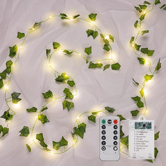 Indoor String Lights, 33ft Artificial Vine with 100 LED Fairy Lights, Battery Operated, Remote Control, 8 Lighting Modes, Green Leaf Decor