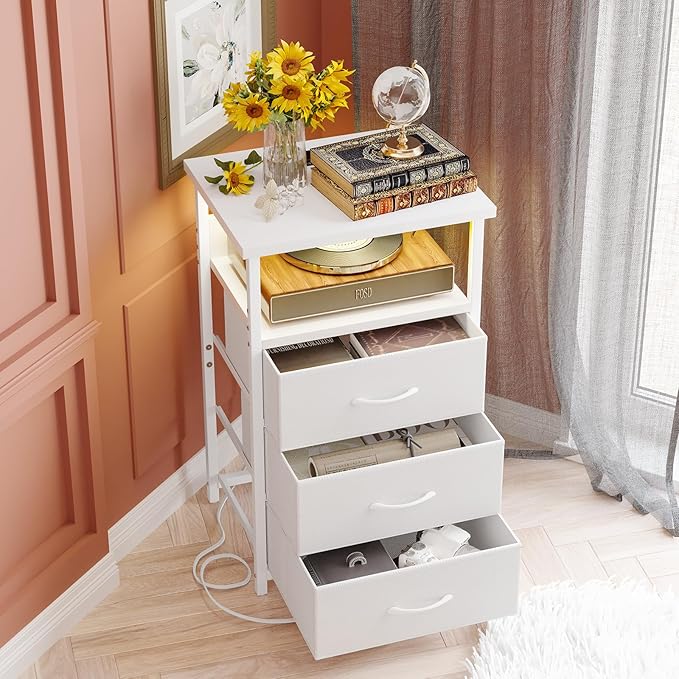 Fixwal White Nightstand with Charging Station, LED Night Stand with 3 Fabric Drawers and Open Shelf, Bedside End Table in Bedroom