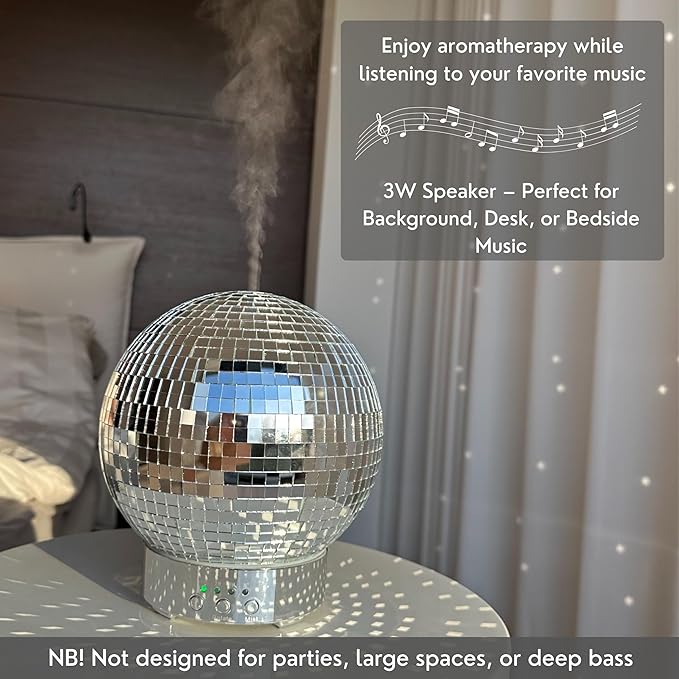 SCANDINORDICA Disco Ball Diffuser Speaker - Large 300 mL Rotating Disco Ball Essential Oil Diffuser with Whisper Quiet Operation, 7 Color LED Night Light & 4 Time Settings | Cute Bluetooth Speaker