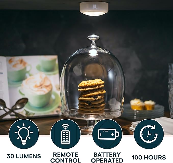 Brilliant Evolution Stick On Push Lights - 6 Pack Remote Controlled LED Lights Under Cabinets - DIY Stick On Lights for Closet, Counter, Kitchen - Battery Operated Puck Lighting with Remote