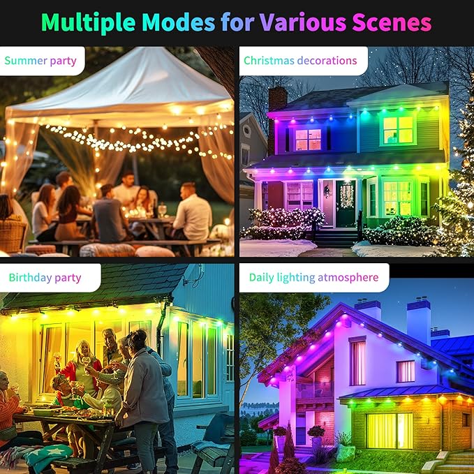 200ft Outdoor RGB LED Lights for House Roof Yard and Patio Waterproof String Lights with Remote Control Great for Christmas Parties and Everyday Ambiance