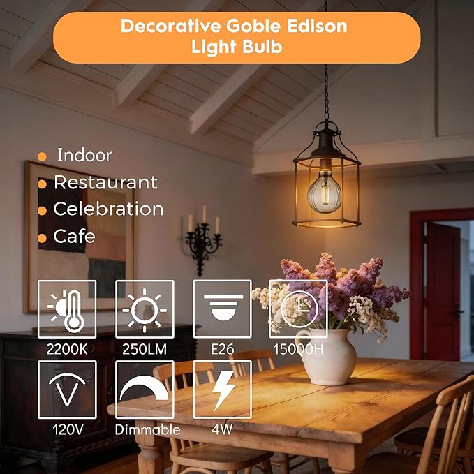 Vintage Edison LED Bulbs, Dimmable 4W Globe G125, 2200K Warm White Ambient Mood Lighting for Decoration, Squirrel Cage Filament, Smoke Striation Figure Glass LED Light Bulbs, E26 Base