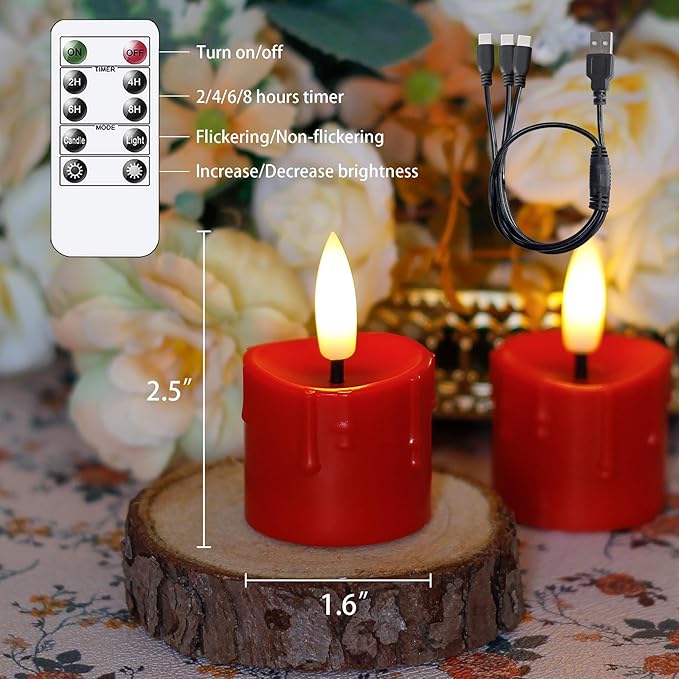 Rechargeable Flameless 1.6" x2.5" Tea Light Candles with Remote & Type-C Charging Cable, Timer LED Flickering Red Plastic 6pcs Mini Dripping Wax Votive Tealight