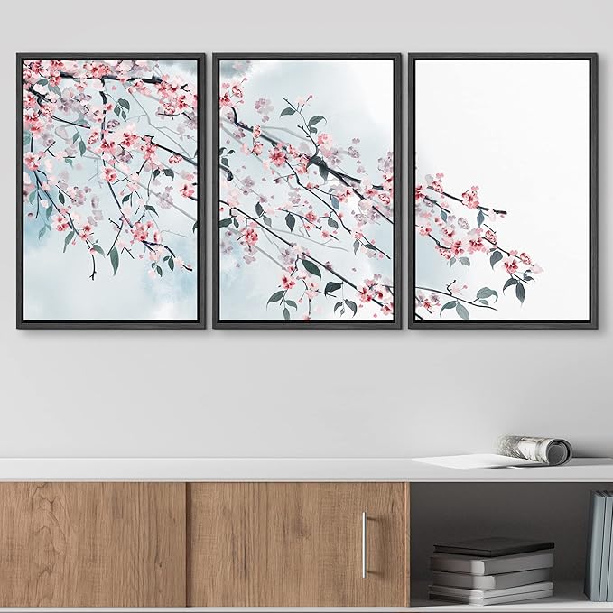 wall26 - 3 Panel Framed Canvas Wall Art - Ink Painting Style Pink Cherry Blossom on The Branch - Giclee Print Gallery Wrap Modern Home Art Ready to Hang - 24"x36"x3 Black
