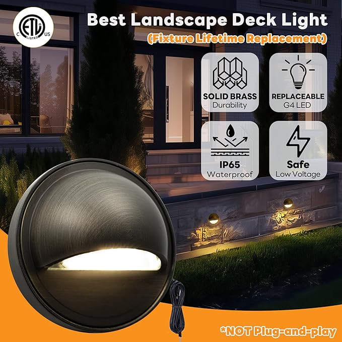 Gardenreet LED Step Lights - 12V Brass Low Voltage Deck Light Outdoor, Landscape Hardwired IP65 Waterproof, Antique Bronze Lighting for Wall Garden Yard Stair Without G4 Bulb 12 Pack