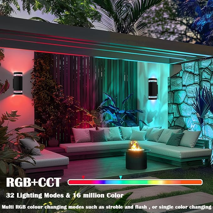 Up and Down Outdoor Smart Wall Light, RF Remote Control Color Changing Wall Lights, White Temperature 2700k- 6500k RGB+CCT 9 Modes Exterior Wall Lighting-Works with Alexa, Google Assistant