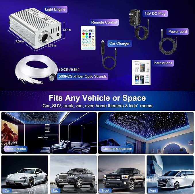 VASTFIRE Starlight Headliner Kit - 500pcs 0.03in 9.8ft Fiber Optic Star Lights for Car with 16W RGBW, Twinkle/Meteor Music Sync, APP/Remote Control for Car Roof/Bedroom Ceiling