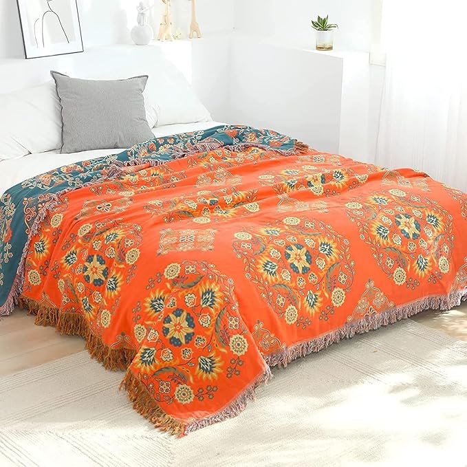 King Throw Blanket for Bed Couch,100% Organic Cotton Reversible Soft Quilt, Orange Floral Breathable Lightweight Blankets,90"×108" Extra Large Sofa Throws for 3 4 Seater with Tassels,Teal