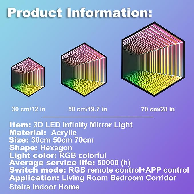 3D Infinity Mirror Light, 28" Hexagon LED Tunnel Wall Light with 358 LEDs, App & Remote RGB Color Changing Mirror for Gaming Room Decor, Party, Bar, Geometric Art Deco Wall Mounted