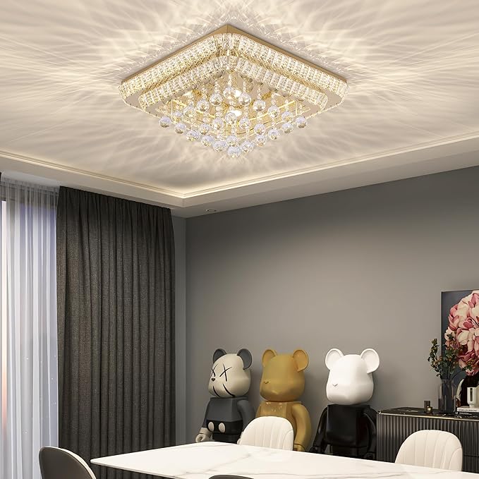 REDSTAR 24" Gold Crystal Ceiling-Light Flush Mount with Remote and APP, 3 Colors Temp & Brightness Adjustable, Modern Crystal Raindrop Chandeliers for Bedroom Hallway Dinning and Living Rooms-Square