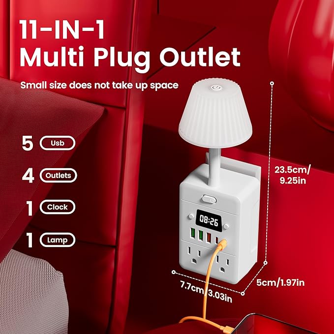 Bedside Power Strip with Lamp & Digital Clock, 4 Outlets 5 USB Ports (2 USBC), 3-Color Temperature Dimmable Bedside Nightstand Light, Multi Plug Outlet Extender for Bedroom Home Office, Coffee Counter