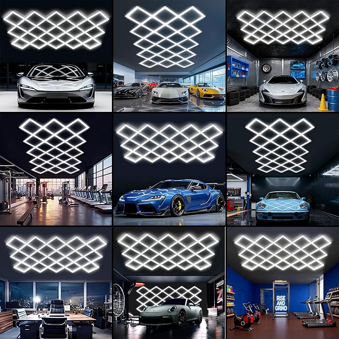 Hexagon Garage Lights 23 Hex Super Bright Led Honeycomb Lights New Updated Diamond Commercial Lighting for Garage Car Detailing Barber Shop Gym Warehouses Basement.