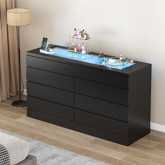 8 Drawer Dresser with Power Outlet, Modern Chest of Drawers with LED Light & Glass Top, Wood Double Dresser TV Stand with Organizer Storage for Bedroom, Living Room, Closet (Black)