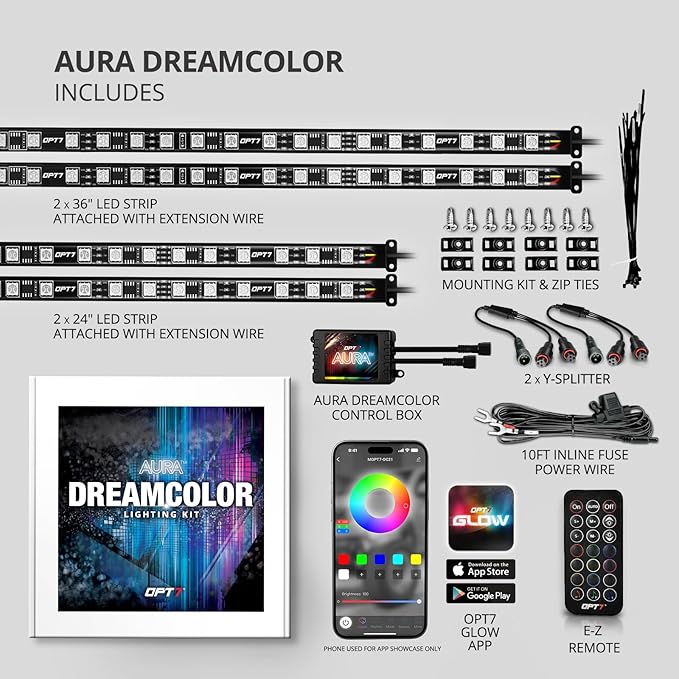OPT7 12V Aura DreamColor Golf Cart Underglow LED Light Kit with App & Remote Control, 4PC Waterproof Multicolor Light Strips, Music Neon Accent Chasing Lighting for EZGO Yamaha Club Car, Easter Gift