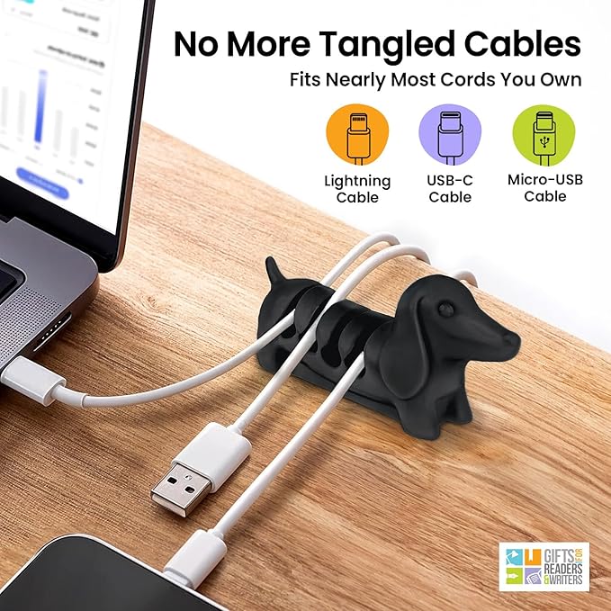 Gifts for Readers & Writers Cord Organizer, Office Desk Organizing & Cable Management Accessory, Kord Keeper Dog, Weighted Wire Holder to Organize Phone & Device Charger Cords, Black