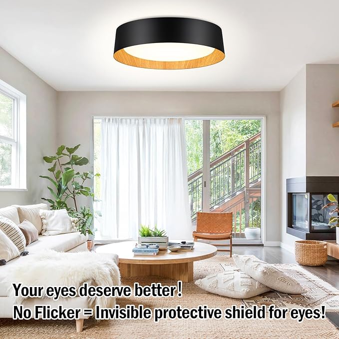 BrightHome 16in Flush Mount Ceiling Light, 3000LM 30W(300W Equiv), LED Ceiling Light Fixture 5CCT 2700K 3000K 4000K 5000K 6000K, Dimmable Ceiling Lamp for Bedroom Bathroom Hallway, Black and Wood