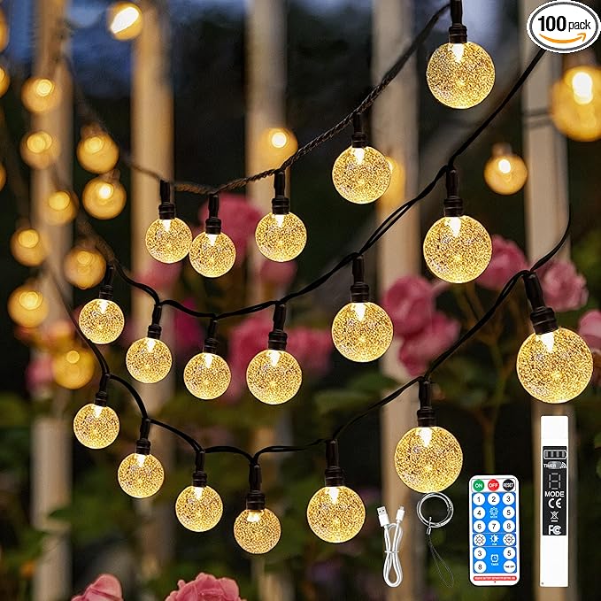 SeaShine Rechargeable Battery Operated String Lights - 2×22ft 50LED Crystal Globe String Lights, IP65 Waterproof Battery Fairy Lights with Remote Timer for Bedroom Outdoor Camping Christmas Warm White