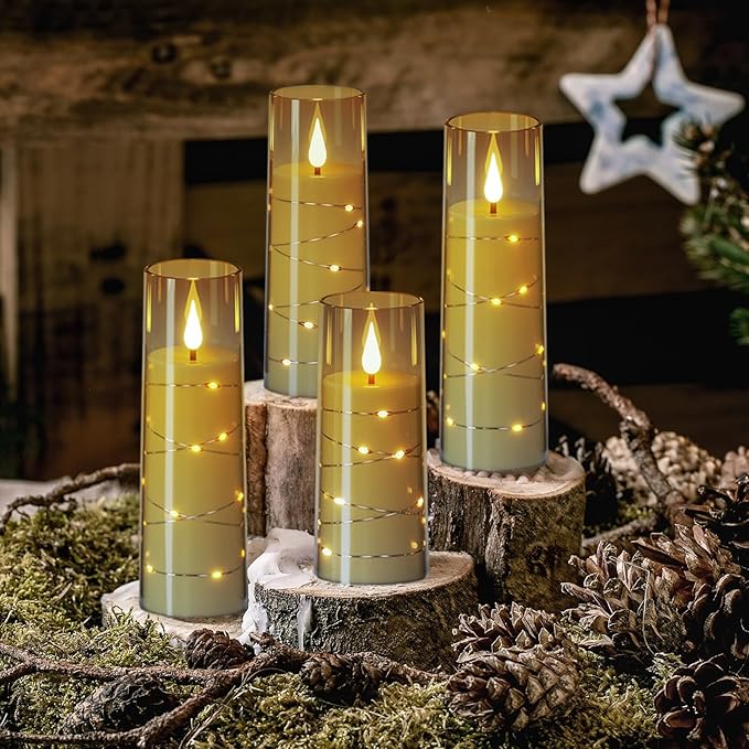 Wondise Flameless Flickering Candles with Embedded Star String Remote and Timer Battery Operated Flickering LED Candles Durable Acrylic Shell Pillar Candles for Christamas Home Decoration (7pack