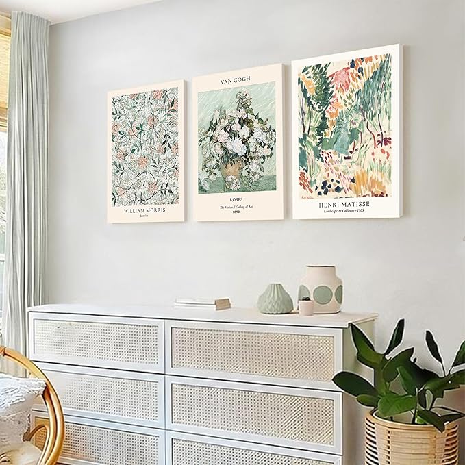 Sage Green Wall Decor Living Room,Matisse Wall Art Framed Abstract Van Gogh Wall Art for Bedroom,Aesthetic Modern Green Pictures Vintage Floral Boho Art Wall Decor for Bathroom,12"x16"