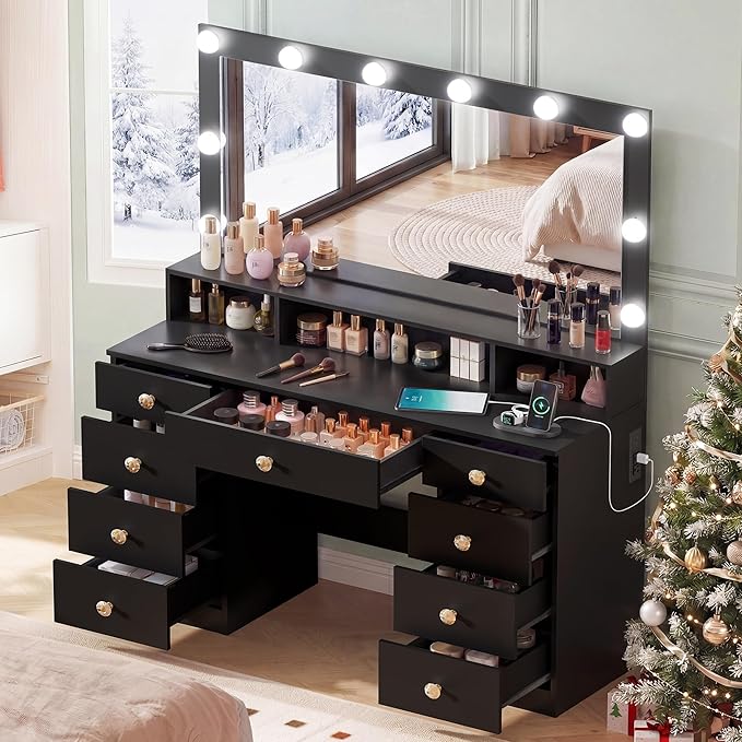 Vanity Desk with Large Lighted Mirror, Makeup Vanity with Power Outlet, 9 Drawers & Storage Shelf, Dressing Vanity Table with 3 Lighting Modes for Women, Girls, Bedroom