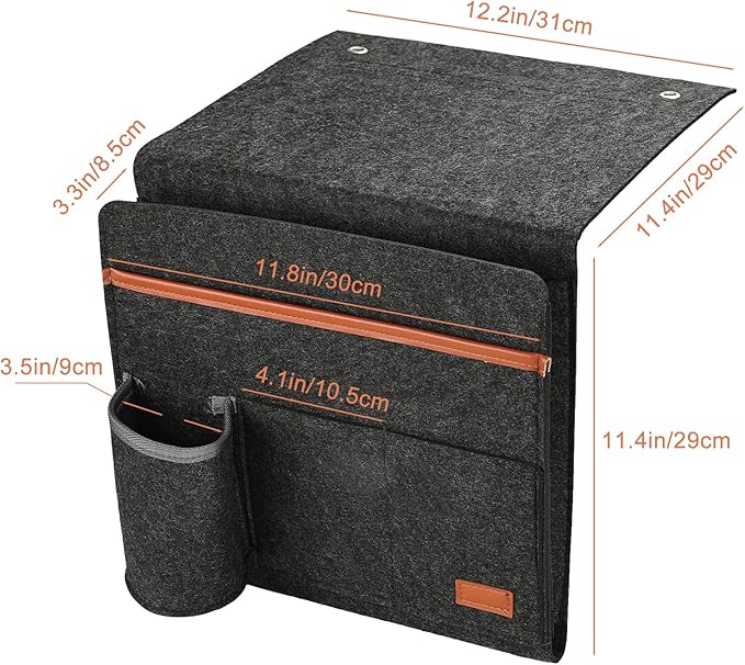 Surblue Bedside Caddy Felt Bedside Storage Organizer with Water Bottle Holder for TV Remote Control Phone Glasses Magazine 7 Pockets(Dark Grey)